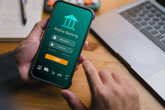 Visual tutorial for configuring a mobile banking app, featuring a smartphone with setup steps displayed on the screen.