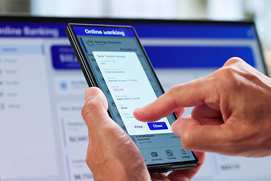 Step-by-step guide on using the online banking app, shown on a smartphone screen.
